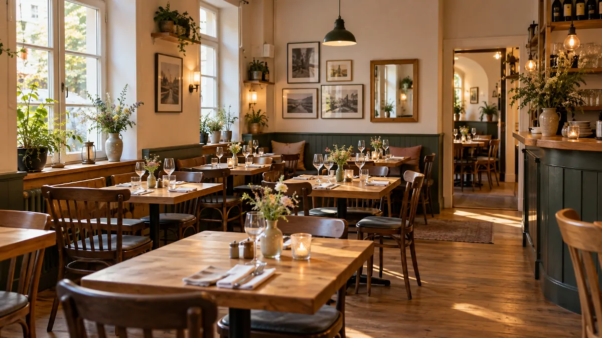 Kleines Restaurant mit gedeckten Tischen und gemütlichem Gastraum